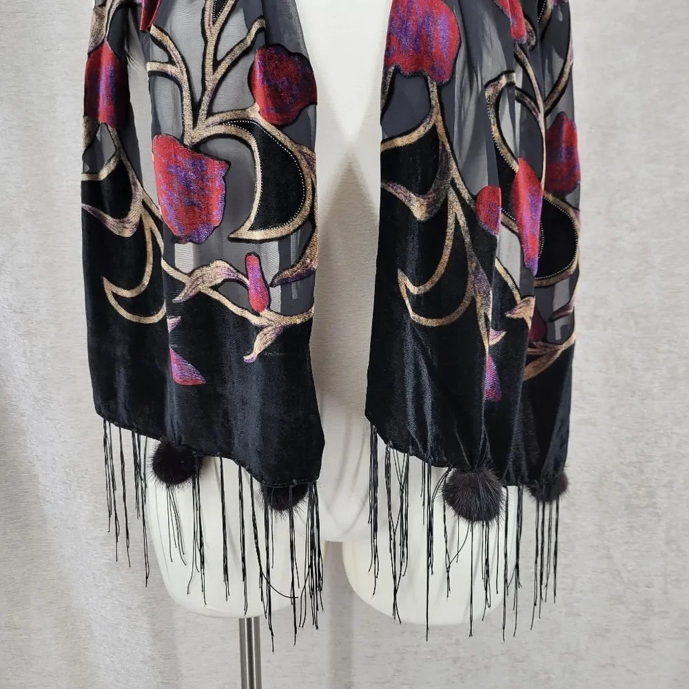 Burnout Velvet Black and Red Floral Scarf with Genuine Fur Pompoms